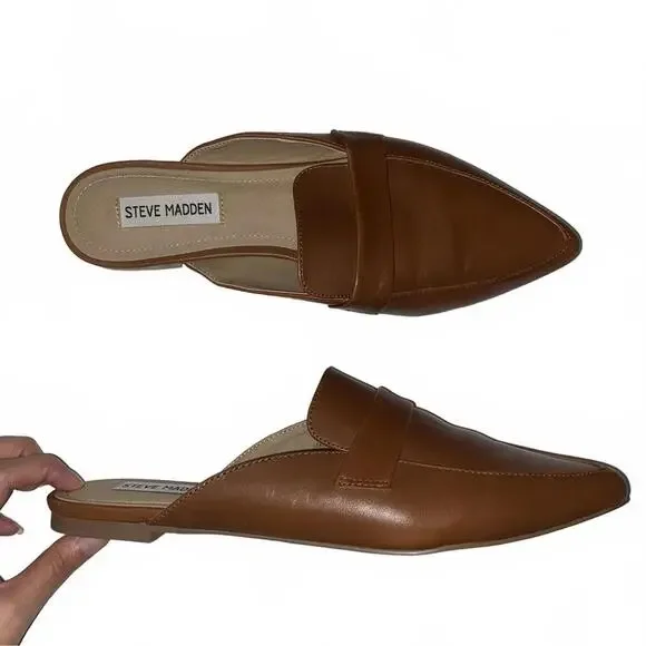 Steve Madden Leather Mules 8.5 Tan Minimalist Chic Fall Vintage Aesthetic Slip - Picture 2 of 4